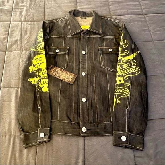 Ed Hardy Black Jacket with Vibrant Yellow Tattoo Inspired Skull Design NWT - Picture 3 of 10